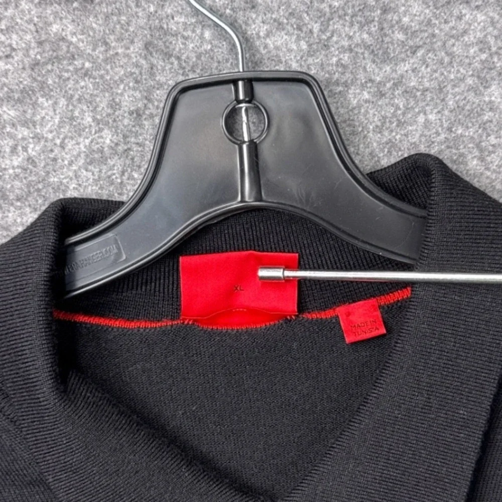 Hugo Boss Polo Sweater XL Black 100% Virgin Wool Long Sleeve Knit Logo